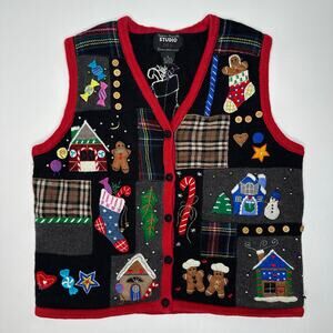 Vintage Y2K Ugly Christmas Vest with Patchwork Embroidered Appliqués.